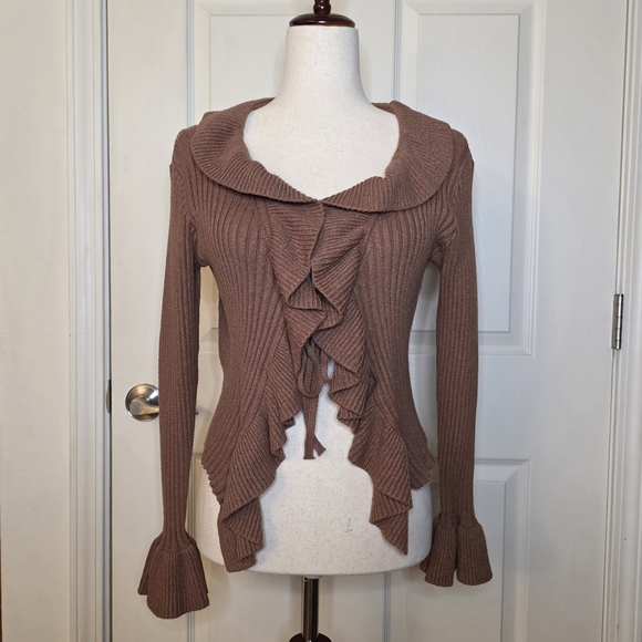 debut Sweaters - Debut Brown Ruffle Tie Front Sweater Cardigan